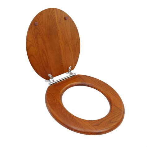 Solid Wood Toilet Seat Round Mahogany Stained Chrome Hinge