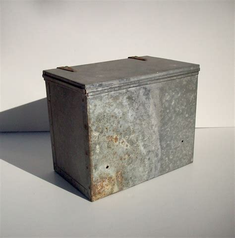 Vintage Industrial Metal Galvanized Box with Hinged Lid