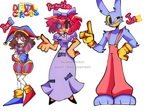 three cartoon characters in different outfits