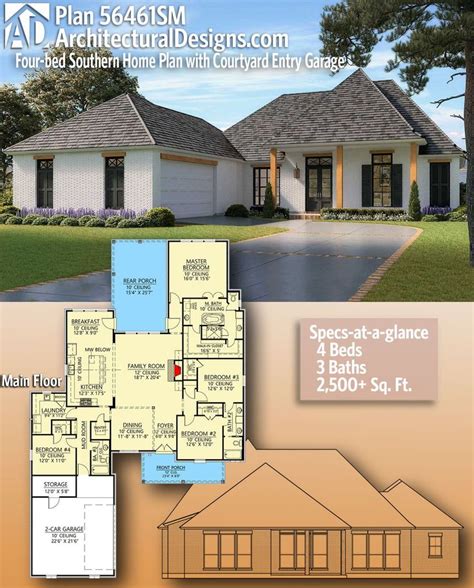 Plan 56461SM: 4-bed Southern Home Plan with Courtyard Entry Garage | Southern house plans ...