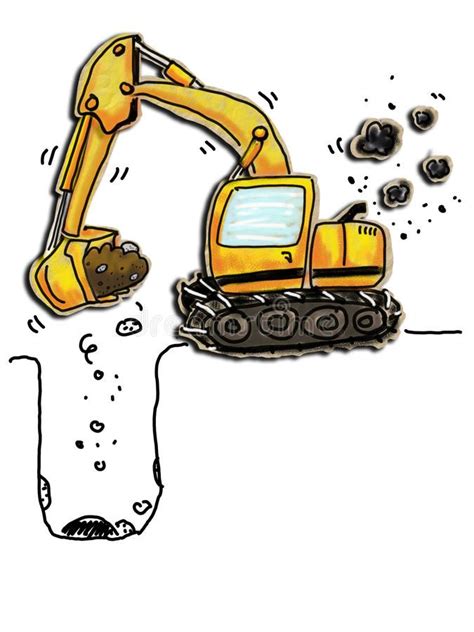 Excavator. Cartoon of a working excavator. Colored pencil drawn on ...