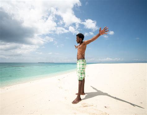 Black African Young Man Walking On Tropical Beach Stock Photo - Image ...