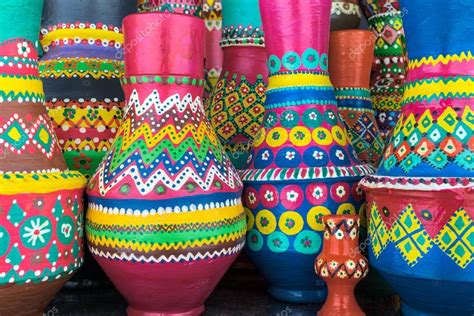 Stack of artistic painted colorful handcrafted pottery vases — Stock ...