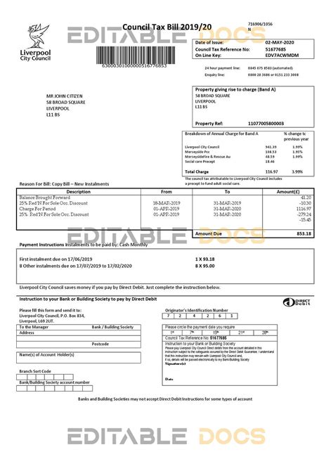 United Kingdom Liverpool City Council tax bill template in Word format ...