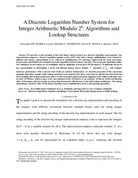 (PDF) A Discrete Logarithm Number System for Integer Arithmetic Modulo 2^{k}: Algorithms and ...