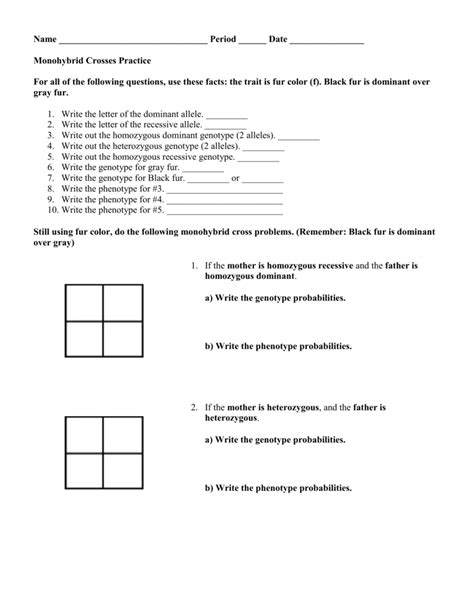 Monohybrid Cross Worksheet Answers – E Street Light