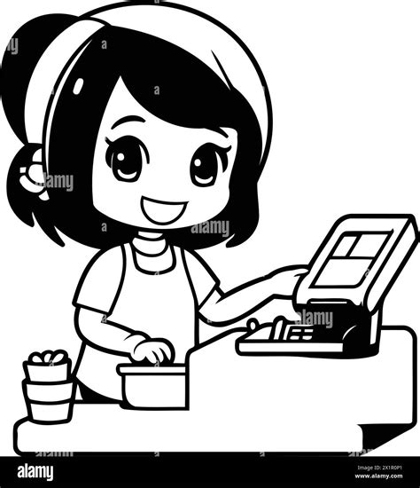 Cute little girl paying with credit card at cash register. Vector illustration Stock Vector ...