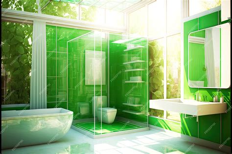 Premium Photo | Transparent green eco friendly bathroom with solar panels on walls and benches