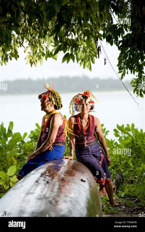 INDONESIA, Mentawai Islands, Kandui Resort, portrait of mature Mentawai women in traditional ...