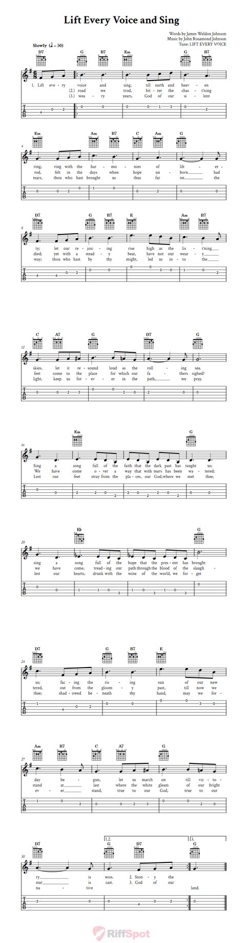 Lift Every Voice and Sing - Easy Guitar Sheet Music and Tab with Chords and Lyrics