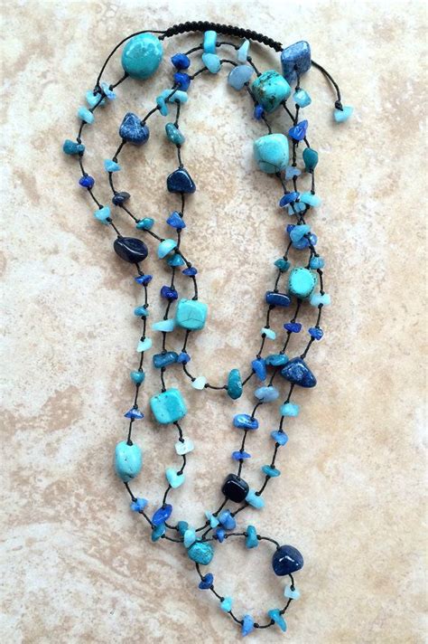 Stone Knotted Long Necklace, Turquoise Necklace, Stone Chips, Rustic, Boho Jewelry, Bohemian ...