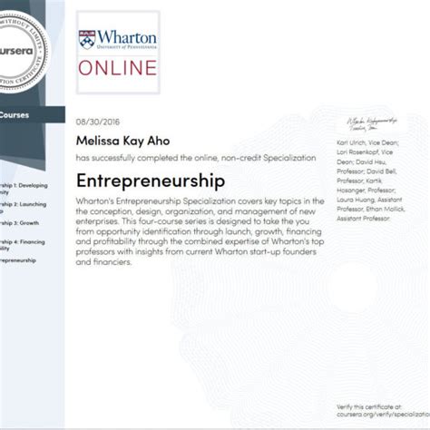 Wharton Entrepreneurship Specialization Certificate! – Dr. Melissa Aho