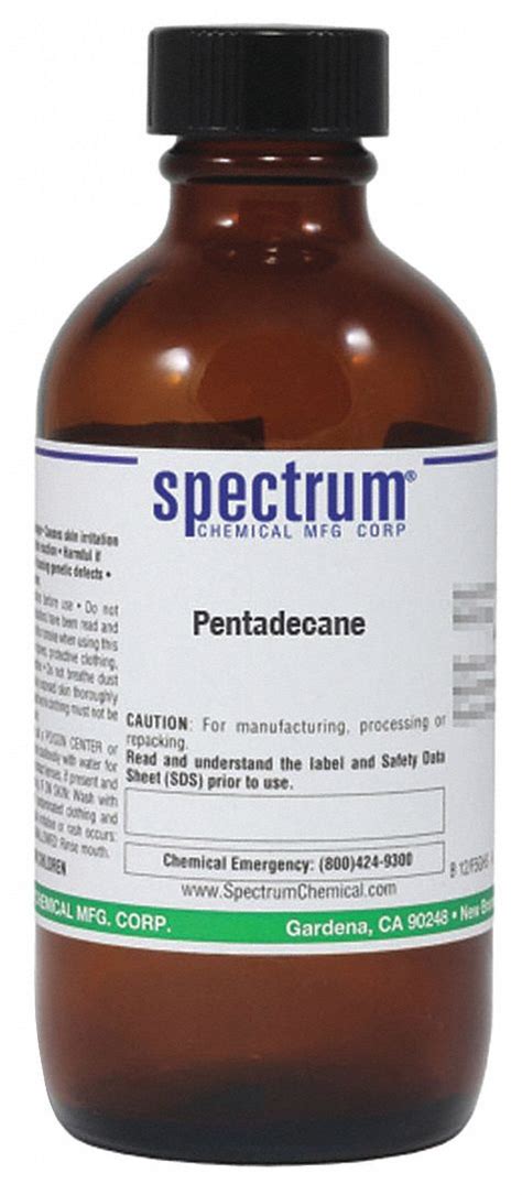 SPECTRUM Pentadecane, 100mL, CAS 629-62-9, Ambr Glss - 46AT78|P2203-100ML - Grainger