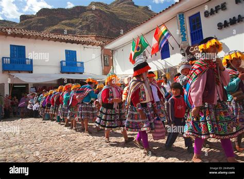 Indigenous people of Andean villages wearing traditional dress during a ...