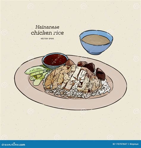 Hainan Chicken Rice with Sauce and Soup, Hand Draw Sketch Vector Stock ...