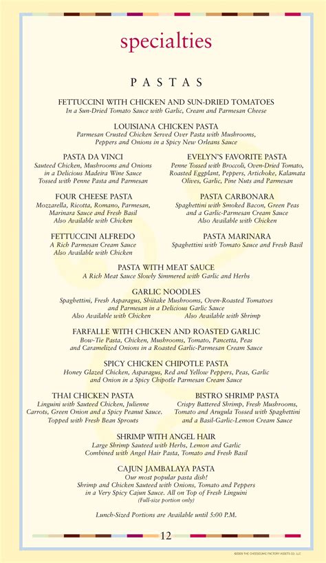 Menu at The Cheesecake Factory restaurant, Tulsa, East 71st St S