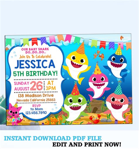 Baby Shark Birthday Invitation Editable - FERQDA