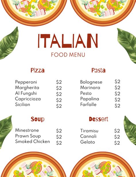 Price List for Various Italian Dishes on White Online Menu Template ...