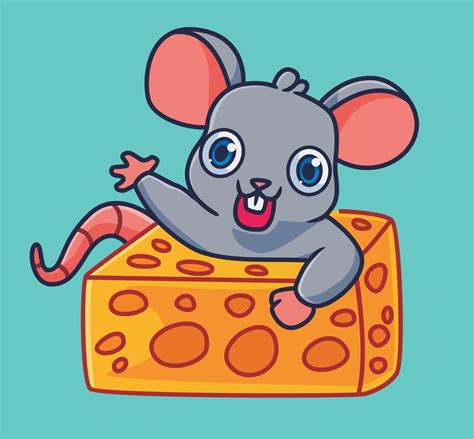 cute cartoon mouse greeting inside the cheese hole. isolated cartoon animal illustration vector ...