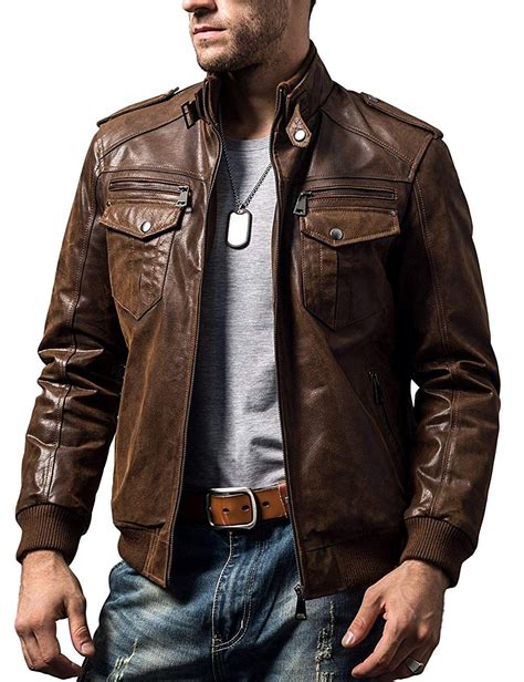 FLAVOR Mens Biker Retro Brown Leather Motorcycle Jacket Genuine Leather ...