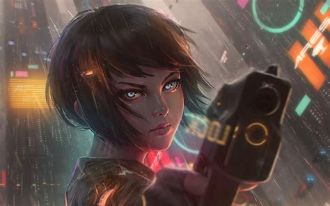 Cyberpunk, Anime, Girl, Pistol, Gun, 4K, #125 Wallpaper PC Desktop