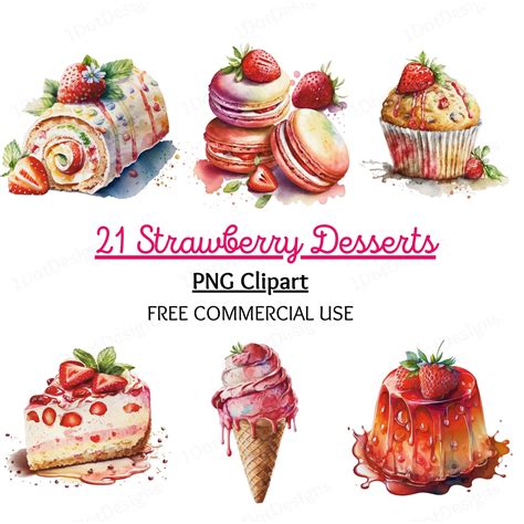 watercolor strawberry desserts png clipart for commercial use - includes cake, ice cream, and ...