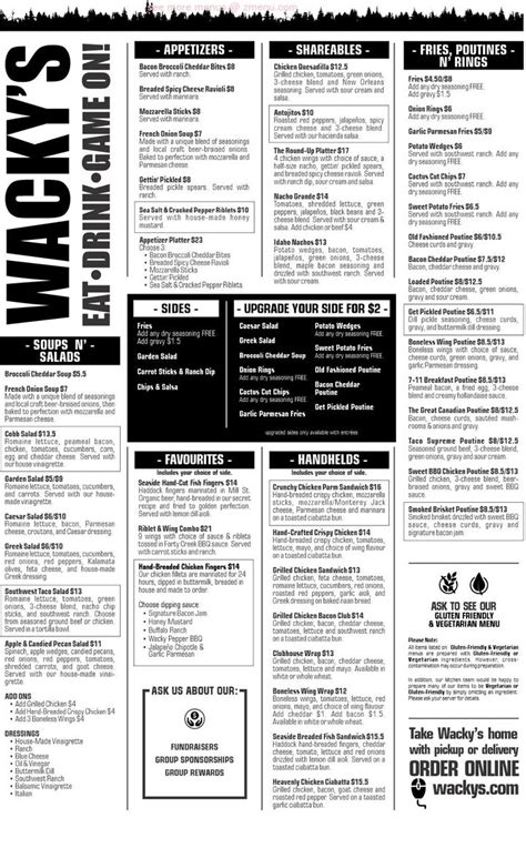 Menu at Wacky's Sudbury pizzeria, Sudbury