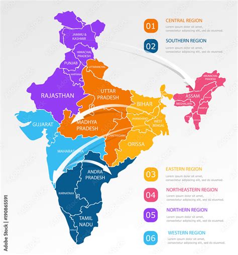 India regions business colorful map and points on white background ...