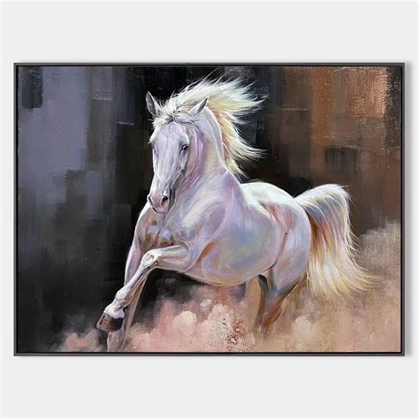 a painting of a white horse running in the wind