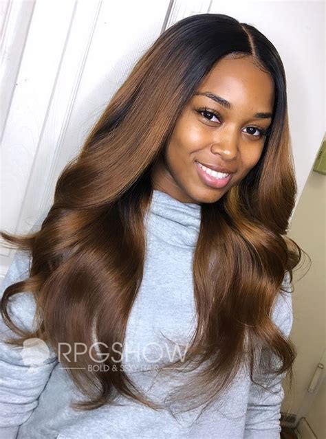 Long Wavy Medium Brown Ombre with Dark Roots Lace Front Wig - laidbytima008