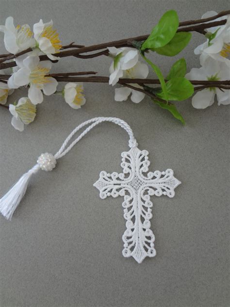 Free Standing Lace FSL Cross Bookmark with tassel and bead.