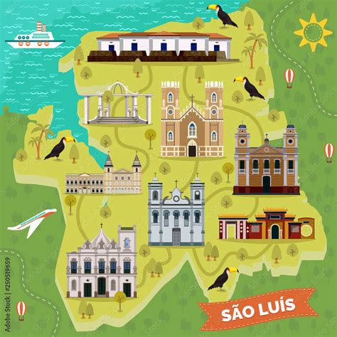 Landmarks on map of Sao Luis. Brazil sightseeing Stock Vector | Adobe Stock