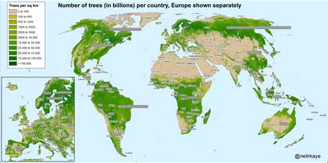 Map showing number of trees (in billions) for each country in the world ...