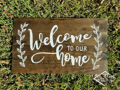 Hand Carved Welcome to our Home Sign - Farmhouse Wood Sign - Rustic ...