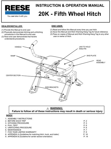 Reese® 20K 5th Wheel Hitch Installation Instructions | Manualzz