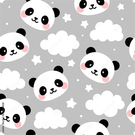 Panda seamless pattern background, happy cute panda in the sky with cloud moon and star, cartoon ...