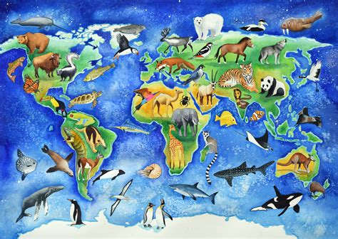 Animal Map of the World, poster of painting of animals of the world