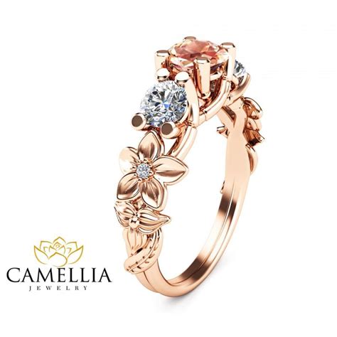 Three Stone Ring 14K Rose Gold Morganite Ring,Camellia Jewelry,Flower Ring,3 Stone Engagment ...