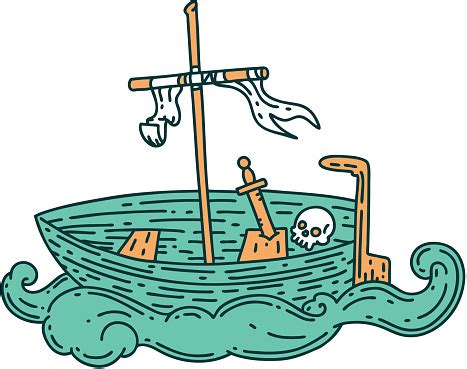 Illustration Of A Traditional Tattoo Style Empty Boat With Skull Stock ...