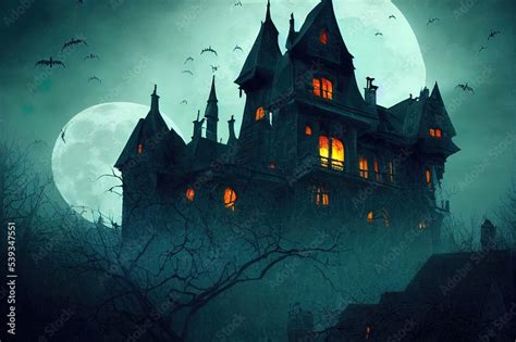 Haunted Gothic castle at night. Old spooky house in full moon. Creepy ...