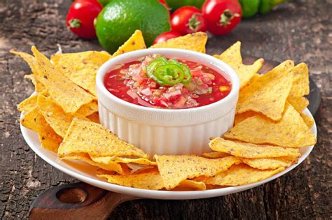 Mexican Nacho Chips And Salsa Dip Stock Image - Image of bowl, closeup: 43392261