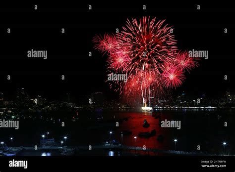 Fireworks show at Pattaya beach, Major attractions of Chonburi Province in Thailand Stock Photo ...