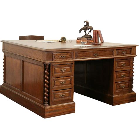 Oak English 1895 Antique Partner Desk, Leather Top, Spiral Columns | Desk, Partners desk, Old desks
