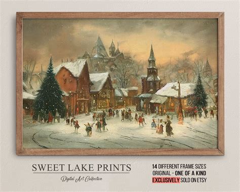 Vintage Winter Village / Christmas Winter Art / Country Snow Wall Decor / Winter Landscape Print ...