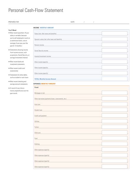 Personal Cash Flow Statement Template