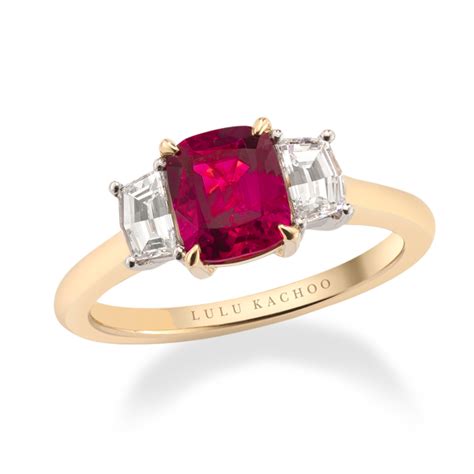 Cushion-Cut Ruby Engagement Ring with Baguette Side Stones - Lulu Kachoo