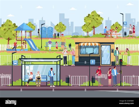 People resting in modern town semi flat vector illustration. Leisure in public places. Park with ...