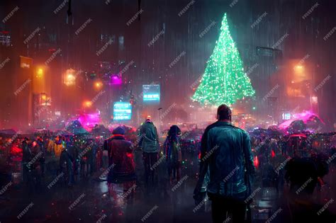 Premium Photo | Cyberpunk neon illuminated city street at christmas night with crowd of people ...