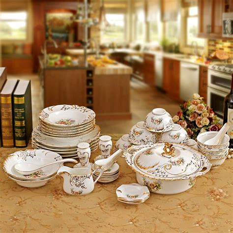 Porcelain Dinnerware Set Bone China Flower Design Embossed Outline In Gold Dinnerware Sets ...