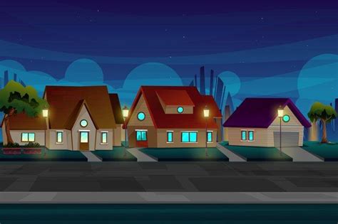Free Vector | Beautiful nigth scene with house in village near road with lighting from electric ...